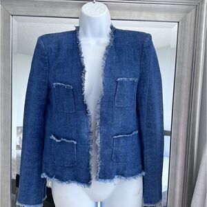 JOSEPH Womens Blue Metallic Tweed Silk Blend Blazer Fringe Size 40 EU. US M.